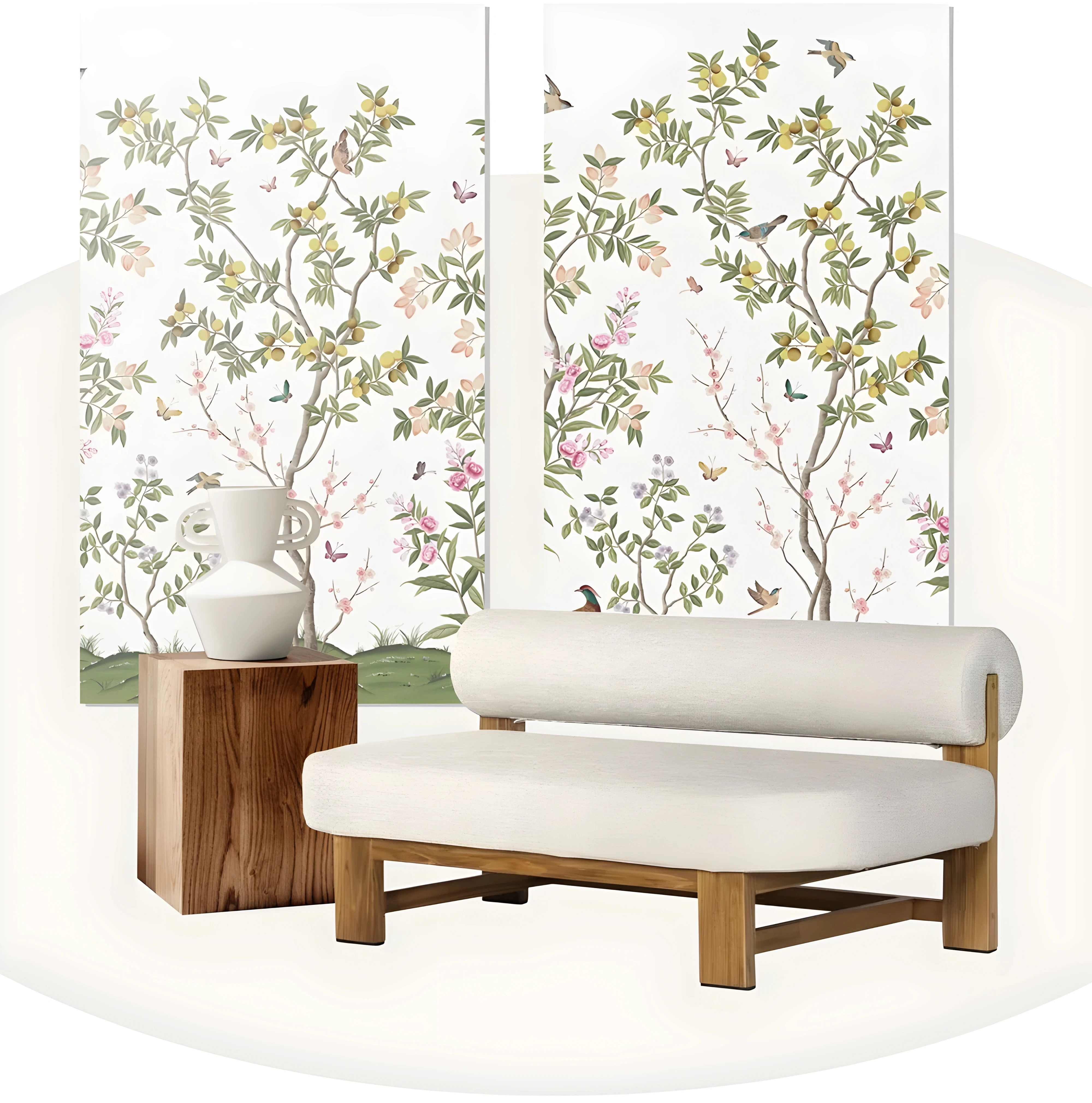 Floral wallpaper panels, a modern sofa, and a wooden side table